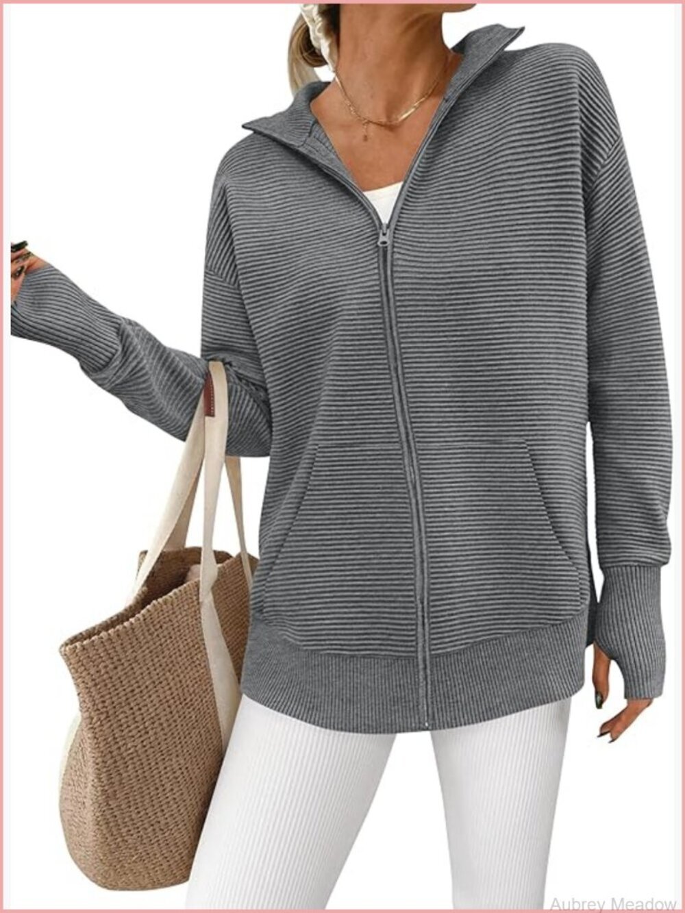 Long Sleeve Zip Up Cardigan Sweater Casual Loose Collared Ribbed Knit Tunic